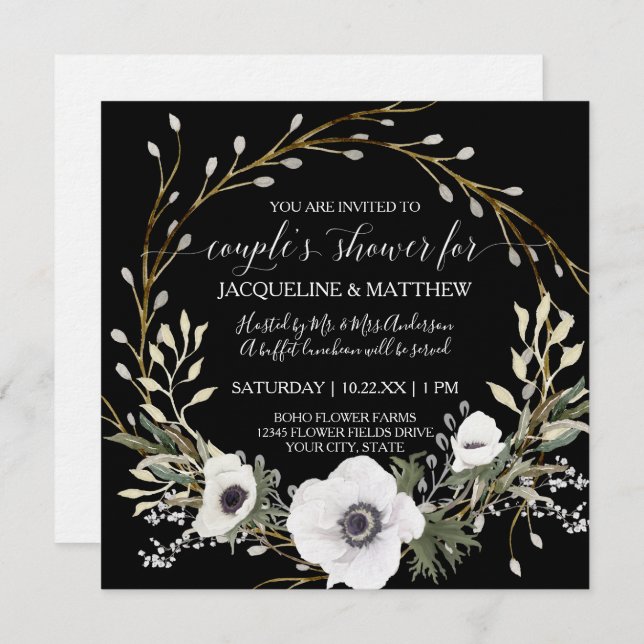 Invitación Moderna ducha Anemone Wreath Black White Couples  (Anverso / Reverso)