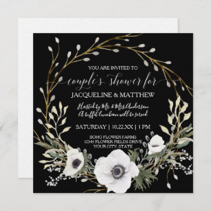 Invitación Moderna ducha Anemone Wreath Black White Couples 