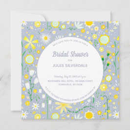 Invitación Moderna ducha azul amarilla floral de novia