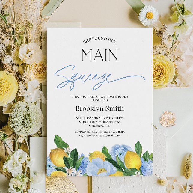 Invitación Moderna ducha azul floral de limón de novia (Lemon Bridal Shower Invitation Template, She Found Her Main Squeeze Bridal Shower Invitation, Blue )