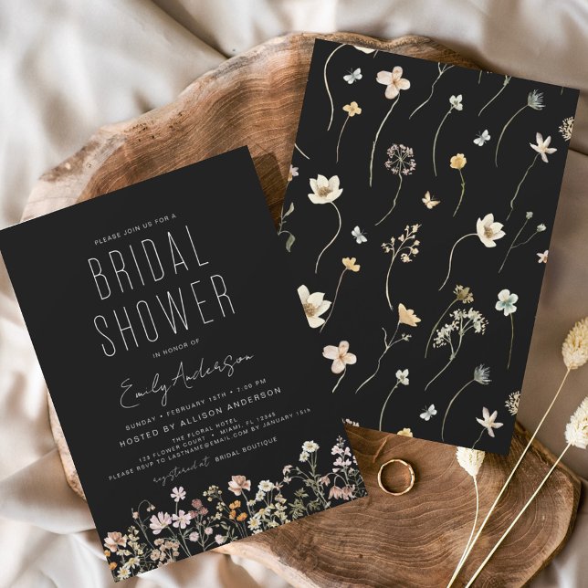 Invitación Moderna Ducha Bridal Boho Black Wildflower Elegant (Subido por el creador)