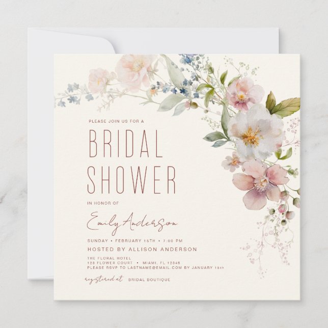 Invitación Moderna Ducha Bridal Boho Wildflower Elegante (Anverso)