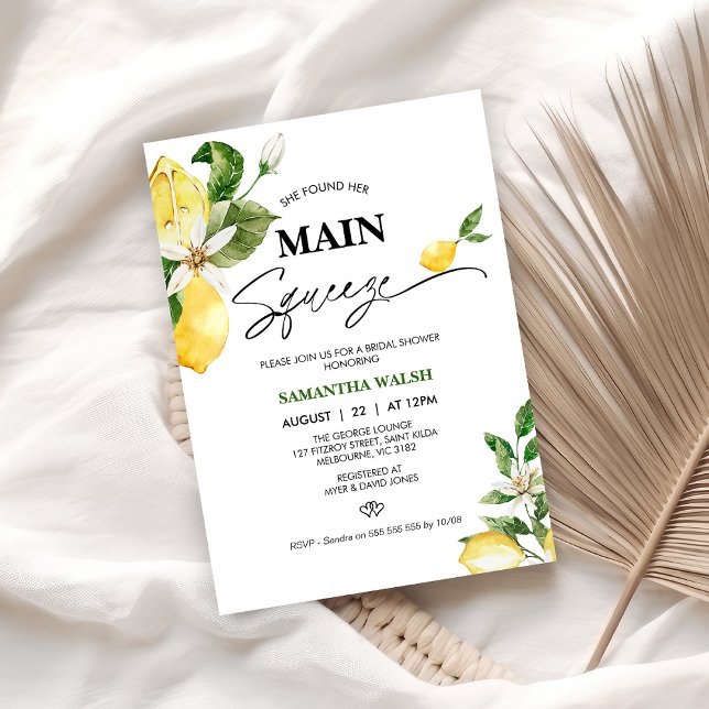 Invitación Moderna Ducha Bridal De Suelo Principal De Limón (She Found Her Main Squeeze Bridal Shower Invitation, Lemon Bridal Shower Invitation, Citrus Yellow)