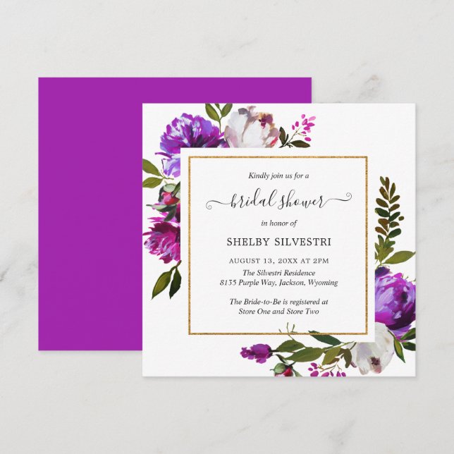Invitación Moderna Ducha Bridal Elegante De Flor Púrpura Brid (Anverso / Reverso)