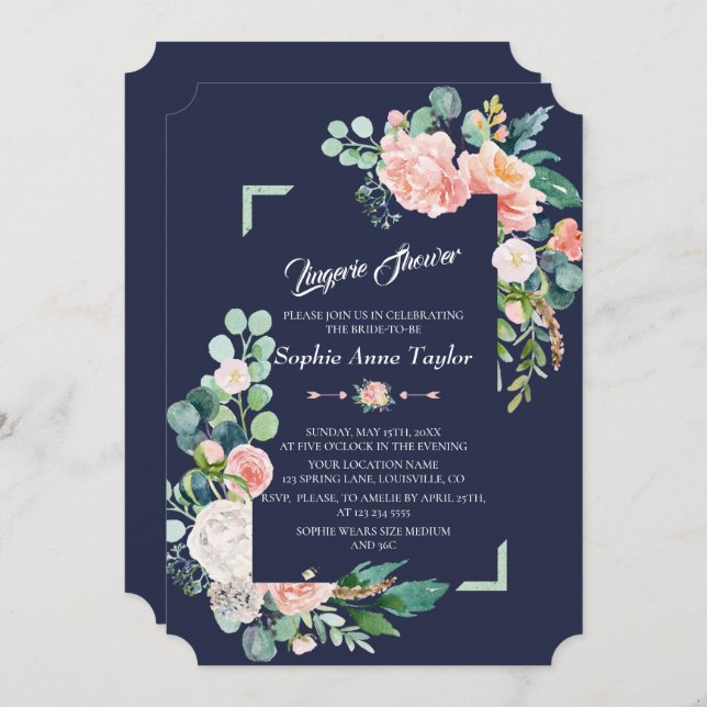 Invitación Moderna ducha de armazón floral blanco Rubor (Anverso / Reverso)
