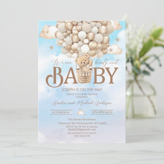 Invitación Moderna ducha de bebé acuarela con osito de peluch (Anverso de pie)