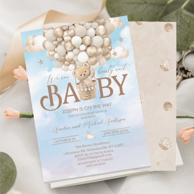Invitación Moderna ducha de bebé acuarela con osito de peluch (Subido por el creador)