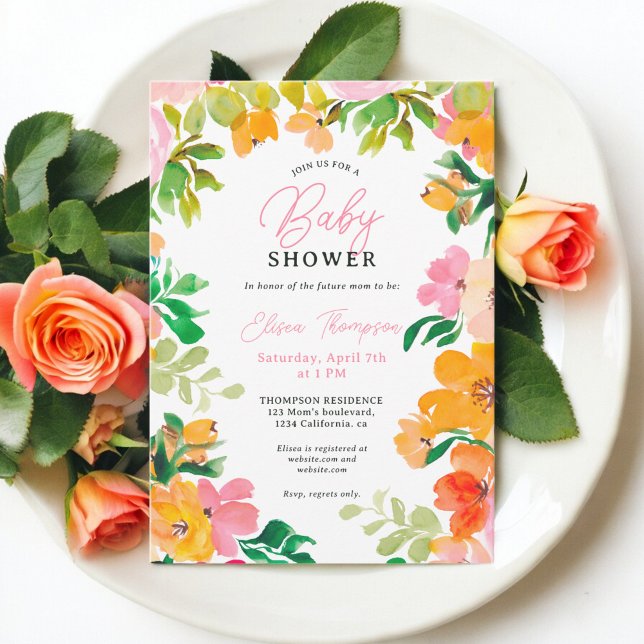 Invitación Moderna ducha de bebé de escritura floral naranja  (Modern bold orange floral script baby shower invitation)