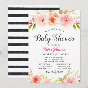 Invitación Moderna ducha de bebé floral con guión negro