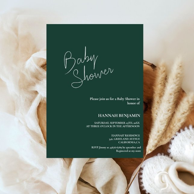 Invitación Moderna ducha de bebé verde esmeralda escrita a ma (Subido por el creador)