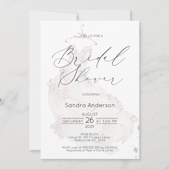 Invitación Moderna ducha de Boda con traje de novia (Anverso)