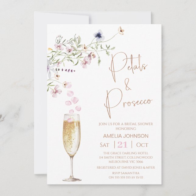 Invitación Moderna ducha de flores silvestres Petal y Prosecc (Anverso)