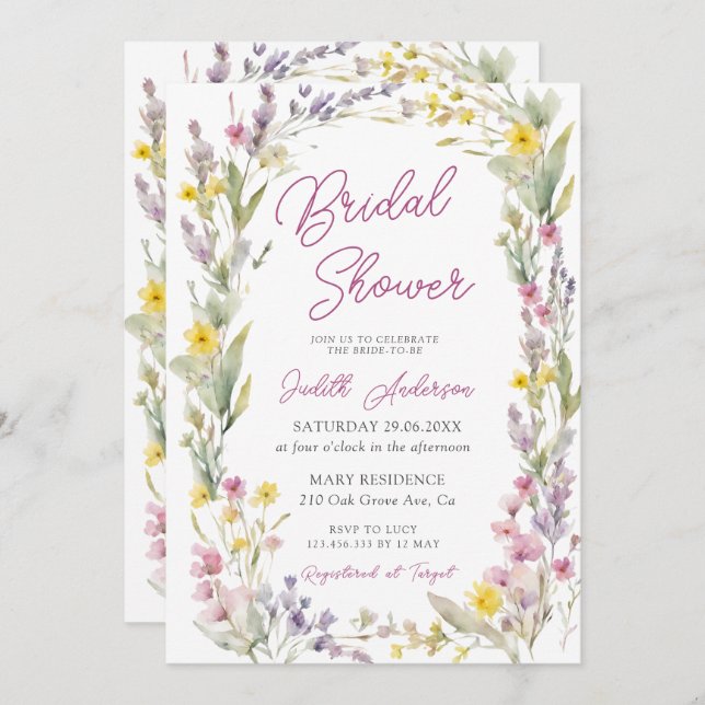 Invitación Moderna ducha de flores silvestres rosadas (Anverso / Reverso)