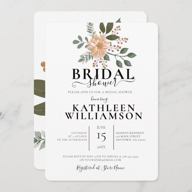 Invitación Moderna ducha de Ilustracion de flores (Anverso / Reverso)