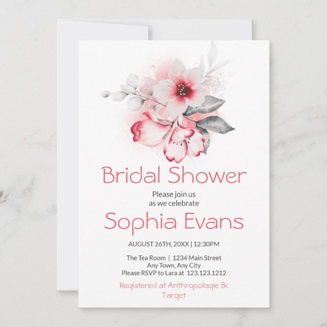 Invitación Moderna ducha de novia blanca rosa y gris floral (Anverso)
