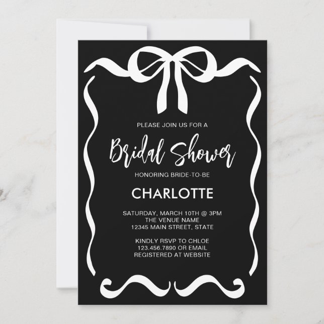 Invitación Moderna ducha de novia con cinta blanca negra blan (Anverso)