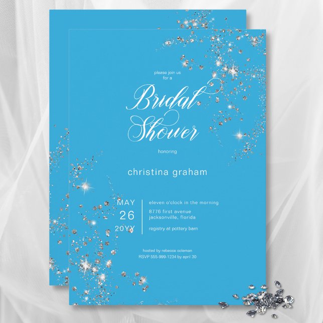 Invitación Moderna ducha de novia con diamantes de glam azul  (Modern Blue & White Glam Diamonds Bridal Shower Invitation)