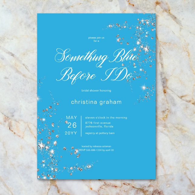 Invitación Moderna ducha de novia con diamantes de glam azul  (Modern Blue & White Glam Diamonds Bridal Shower Invitation)