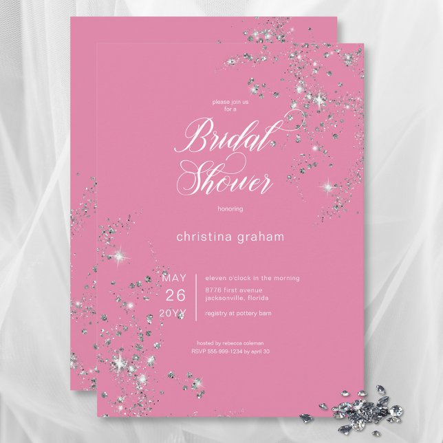 Invitación Moderna ducha de novia con diamantes de glam rosa  (Modern Pink & White Glam Diamonds Bridal Shower Invitation)
