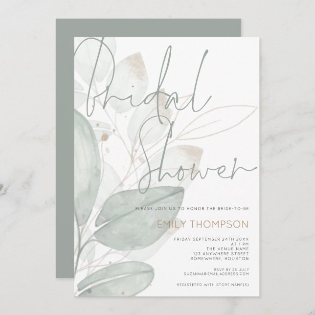 Invitación Moderna ducha de novia con estilo Sage Gold Script (Anverso / Reverso)