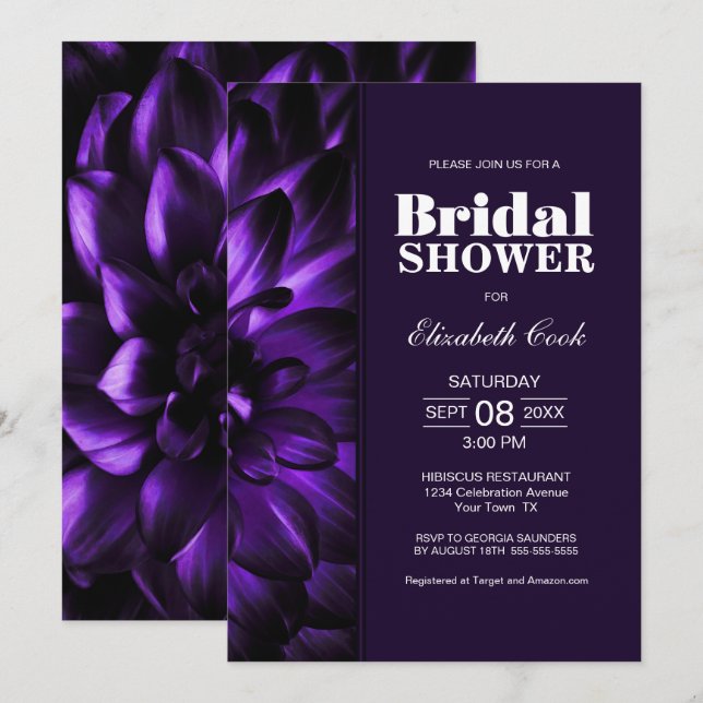 Invitación Moderna ducha de novia con flores moradas (Anverso / Reverso)