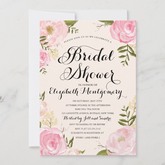 Invitación Moderna ducha de novia con flores rosadas (Anverso)