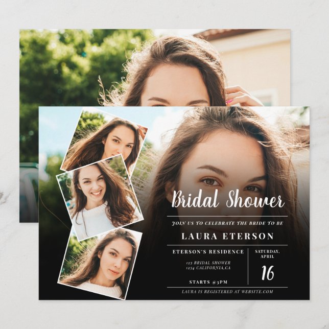 Invitación Moderna ducha de novia con fotos en blanco y negro (Anverso / Reverso)
