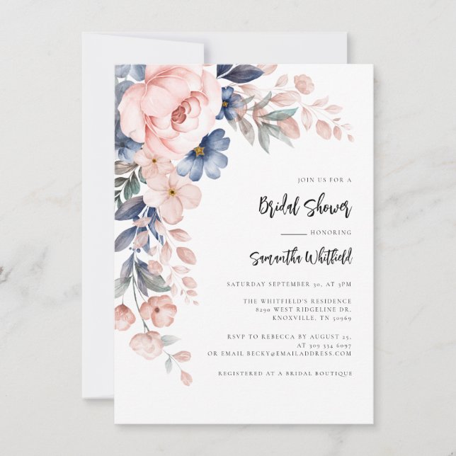 Invitación Moderna ducha de novia con guión floral rosa (Anverso)