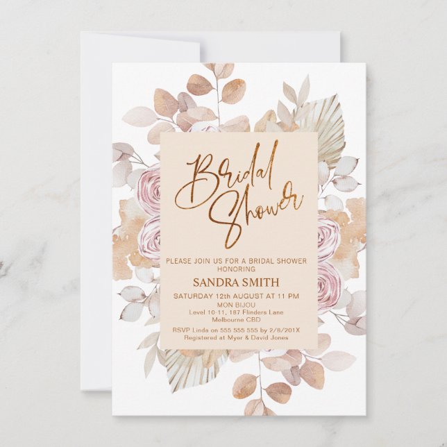 Invitación Moderna ducha de novia con marco Rubor floral (Anverso)