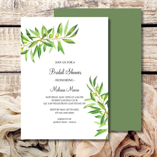 Invitación Moderna ducha de novia con rama de olivo simple (Subido por el creador)