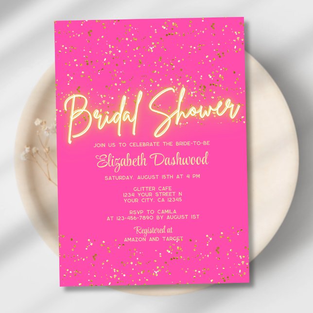 Invitación Moderna ducha de novia con resplandor de neón dora (Subido por el creador)