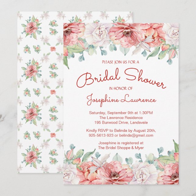Invitación Moderna ducha de novia coral Rubor rosa floral (Anverso / Reverso)