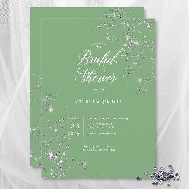 Invitación Moderna ducha de novia de diamantes de Glam Verde  (Modern Green & White Glam Diamonds Bridal Shower Invitation)