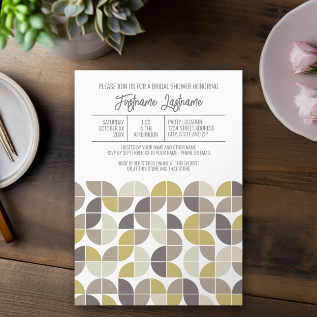 Invitación Moderna ducha de novia de mediados de siglo Taupe  (Mod, Modern Bridal Shower Invitation - Retro Half Moon Pattern Design)