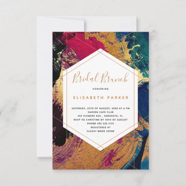 Invitación Moderna ducha de novia dorada azul rojo de arte ab (Anverso)
