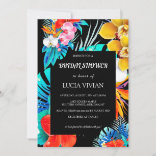 Invitación Moderna ducha de novia en base negra tropical colo