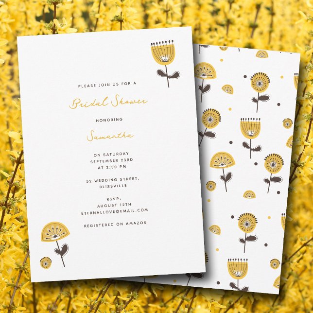 Invitación Moderna ducha de novia floral amarilla de mediados (Mid Century Modern Yellow Floral Bridal Shower Invitation)