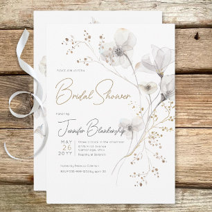 Invitación Moderna ducha de novia floral blanca gris y dorada