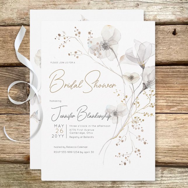 Invitación Moderna ducha de novia floral blanca gris y dorada (Modern White Gray & Gold Floral Bridal Shower Invitation)