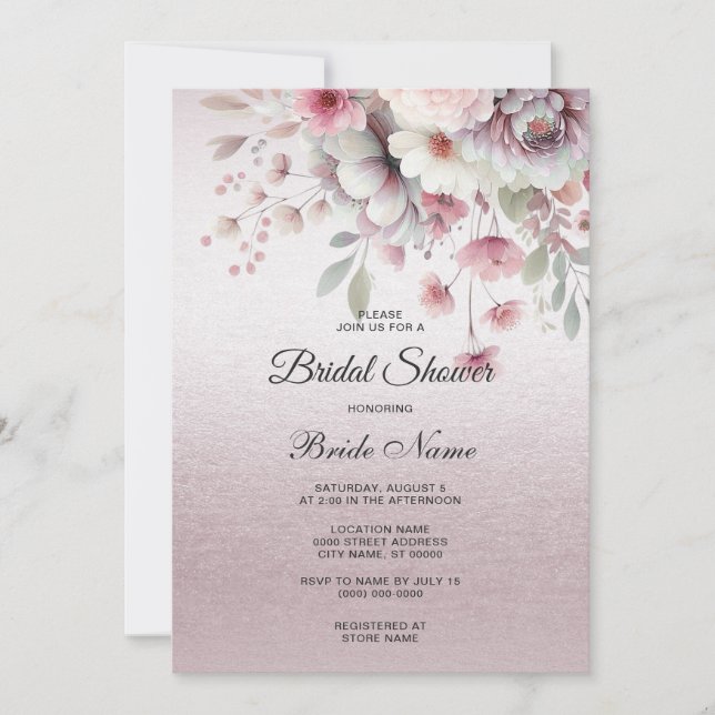 Invitación Moderna ducha de novia floral blanca rosada (Anverso)