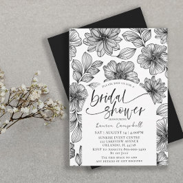Invitación Moderna ducha de novia floral blanca y negra