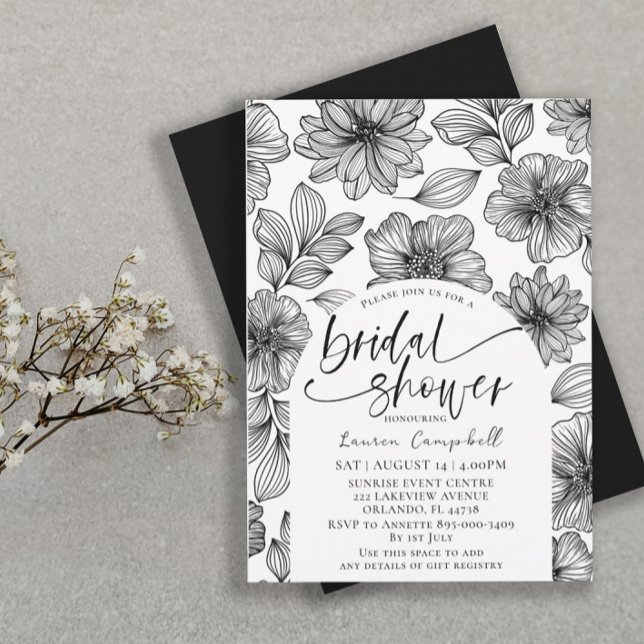 Invitación Moderna ducha de novia floral blanca y negra (Subido por el creador)