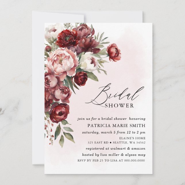 Invitación Moderna ducha de novia floral borgoñona rosa Rubor