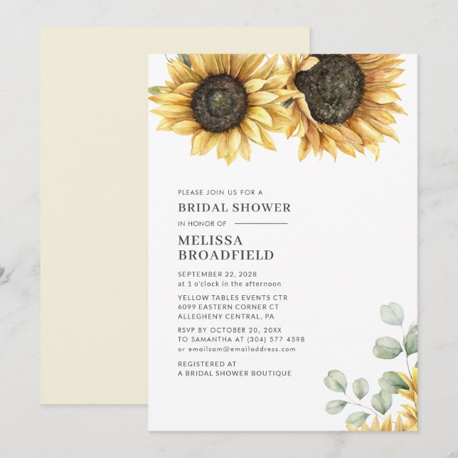 Invitación Moderna ducha de novia floral de girasol Eucalyptu (Anverso / Reverso)