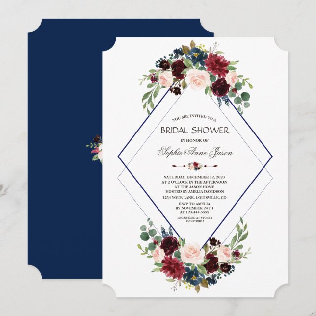 Invitación Moderna ducha de novia floral de la Marina de Merl (Anverso / Reverso)