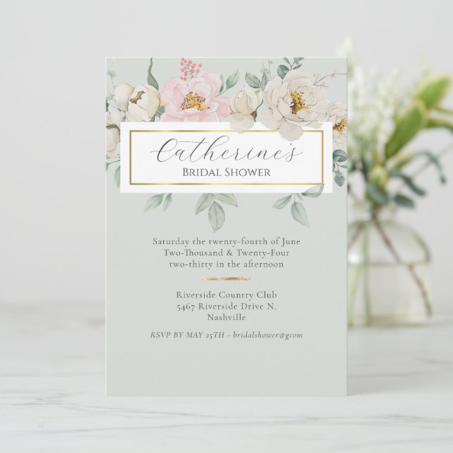 Invitación Moderna ducha de novia floral de oro verde (Anverso de pie)