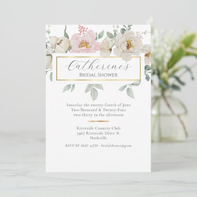 Invitación Moderna ducha de novia floral dorada (Anverso de pie)