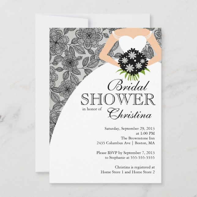Invitación Moderna ducha de novia floral gris negro (Anverso)
