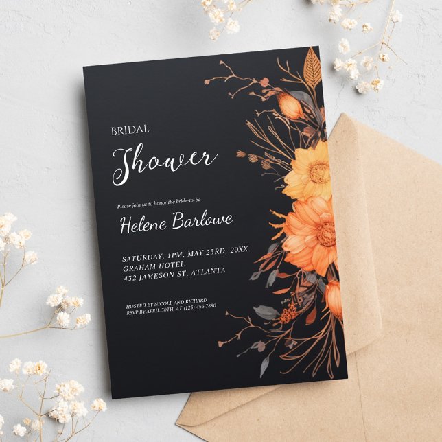 Invitación Moderna ducha de novia floral negra (Modern Black Floral Fall Bridal Shower Invitation)