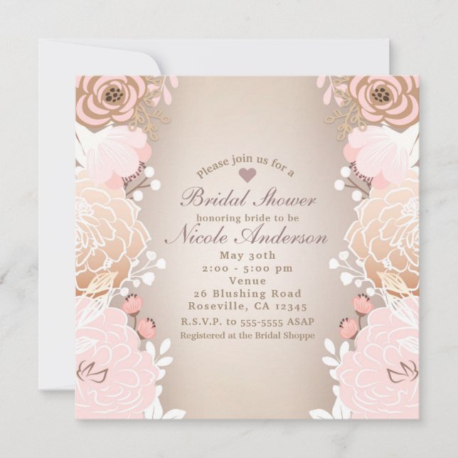 Invitación Moderna ducha de novia floral rosa y dorada Cualqu (Anverso)